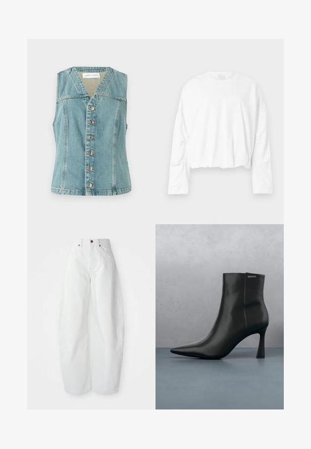 Lichtblauwe denimvest met een V-hals, mouwloos ontwerp, sluiting met knopen aan de voorkant met zilveren accenten, en een getailleerde pasvorm.; Witte, langslijf cropped sweatshirt met een ronde hals en zachte katoenen stof. Bevat lichte plooien bij de taille en een gladde textuur.; Hoge taille witte spijkerbroek met een losse pasvorm. Voorzien van een knoopsluiting, zijzakken en een minimalistisch ontwerp. Glad textuur.; Zwarte leren enkellaars met spitse neus en een geometrische hak. Heeft subtiele branding en een gladde textuur. De achtergrond heeft getextureerde tegels.