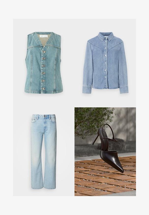 Lyseblå denimvest med V-udskæring, ærmeløs design, frontlukning med knapper og sølvaccenter, samt en tætsiddende silhuet.; Lysblå denimskjorte med langeærmer, knaplukning foran, spidse kraver og western-stil yoke-detaljer på skuldrene.; Lyseblå brede jeans lavet af denim med et klassisk fem-lomme design og en subtil falmet tekstur. Denim-syninger er synlige.; Blank højhælet mule med spids tå og ankelrem, svævende over en terracottaflisebelagt overflade med grusfyldte mellemrum.