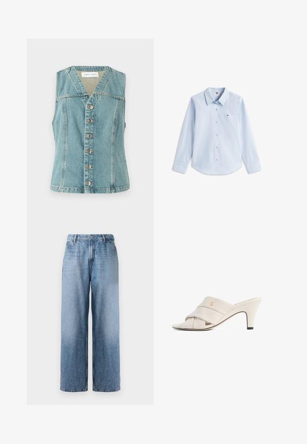 Lichtblauwe denimvest met een V-hals, mouwloos ontwerp, sluiting met knopen aan de voorkant met zilveren accenten, en een getailleerde pasvorm.; Lichtblauw overhemd met lange mouwen, knoopsluiting, puntkraag en klein geborduurd logo op de linkerborst.; Lichtblauwe denim jeans met wijde pijpen en hoge taille, met een sluiting aan de voorkant en zijzakken, weergegeven tegen een witte achtergrond.; Beige hoge hakken mules met een gedraaide lederen band, open teen en een reliëf logo-accent. De hak heeft een zwarte puntdetail.