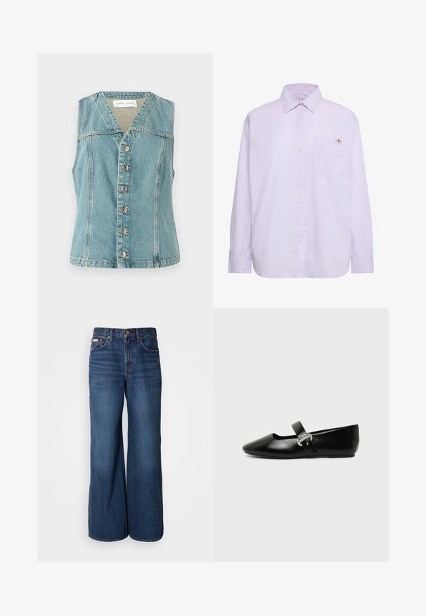 Lyseblå denimvest med V-udskæring, ærmeløs design, frontlukning med knapper og sølvaccenter, samt en tætsiddende silhuet.; Lys lilla langærmet skjorte med knapper, venstre brystlomme og lille Calvin Klein-logo over lommen.; Bredde jeans lavet af mørkeblåt denim. Funktioner inkluderer en høj talje, fem lommer og kontrasterende orange syninger langs sømmene.; Sort læder Mary Jane-flad sko med rundet tå og sølvspænde på ensfarvet baggrund.