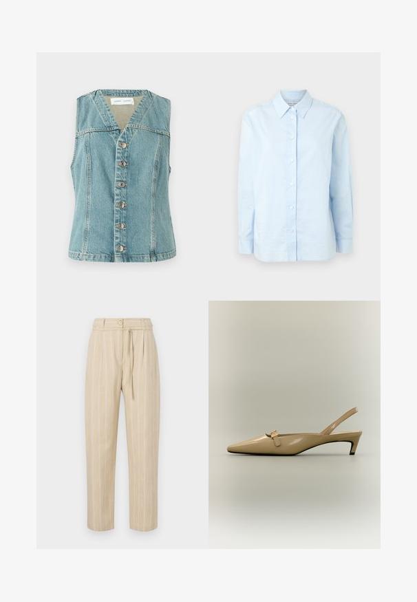 Lyseblå denimvest med V-udskæring, ærmeløs design, frontlukning med knapper og sølvaccenter, samt en tætsiddende silhuet.; Samsøe Samsøe SANOS SHIRT - Skjortebluser - skyway; Beige stribede bukser med en afslappet pasform, der har en indsnævret talje, knaplukning og bælte med slipseanordning, lavet af letvægtsstof.; Beige laklæder slingback sko med lav kitten heel, spids tå og lille spænde rem på neutral baggrund.