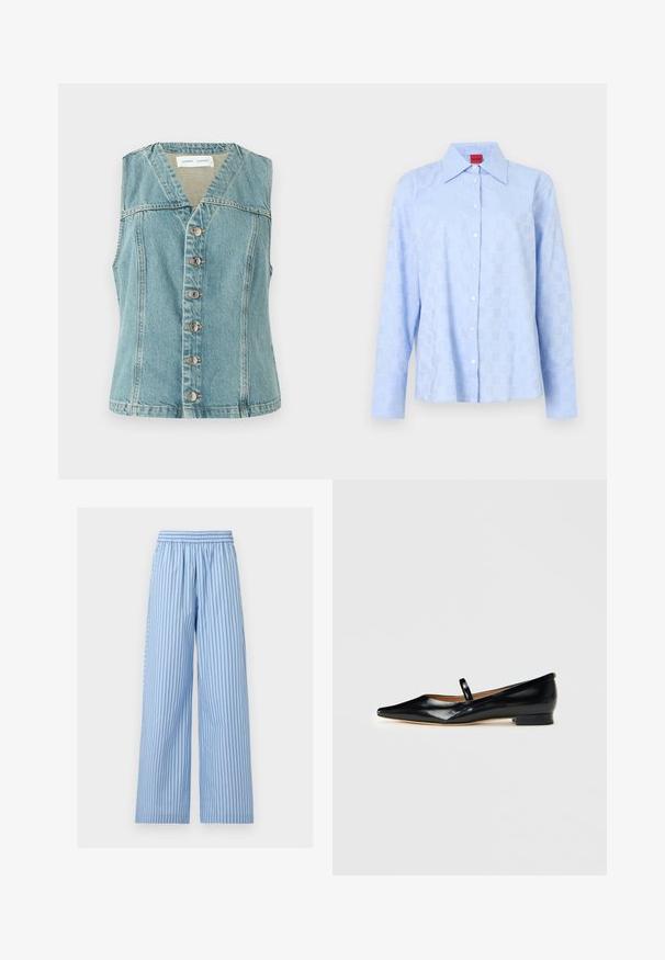 Lyseblå denimvest med V-udskæring, ærmeløs design, frontlukning med knapper og sølvaccenter, samt en tætsiddende silhuet.; Lyseblå langærmet skjorte med en knappet krave, subtilt præget mønster og hvide knapper langs frontknapperækken.; Lyseblå bukser med vide ben med vertikale mørkeblå striber og elastisk talje.; Sorte patenterede læder Mary Jane flade sko med spids tå, én rem og lav hæl på ensfarvet baggrund.
