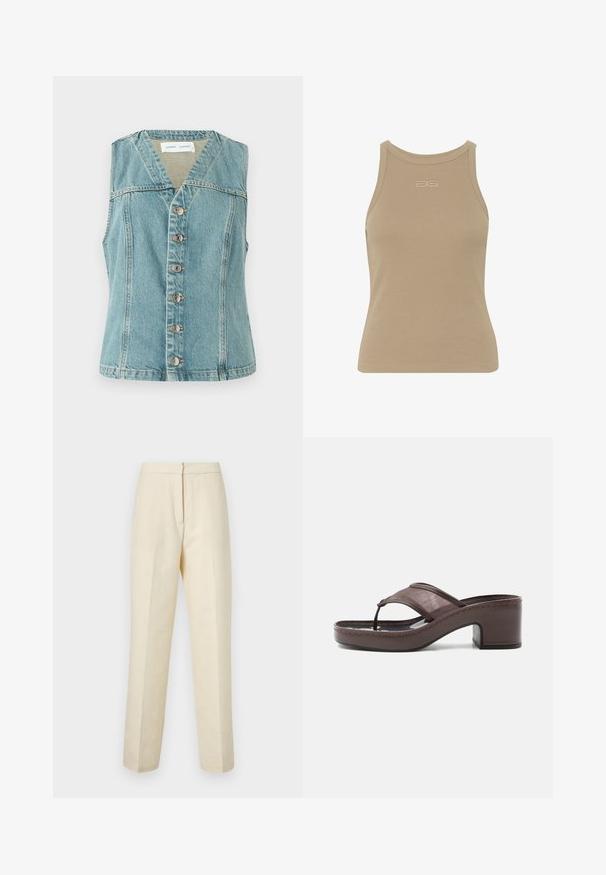 Lyseblå denimvest med V-udskæring, ærmeløs design, frontlukning med knapper og sølvaccenter, samt en tætsiddende silhuet.; Beige ribbet t-shirt med rund halsudskæring, ærmeløs design og et lille præget logo midt foran. Blød stoftekstur.; Lyscremede skræddersyede bukser med et tekstureret blomstermønster, der har lige ben og en ren talje med lukning bagpå.; Brun sandal med hæl med mesh-rem og tæst design, med blokhæl og syet sål, vist i profil mod hvid baggrund.