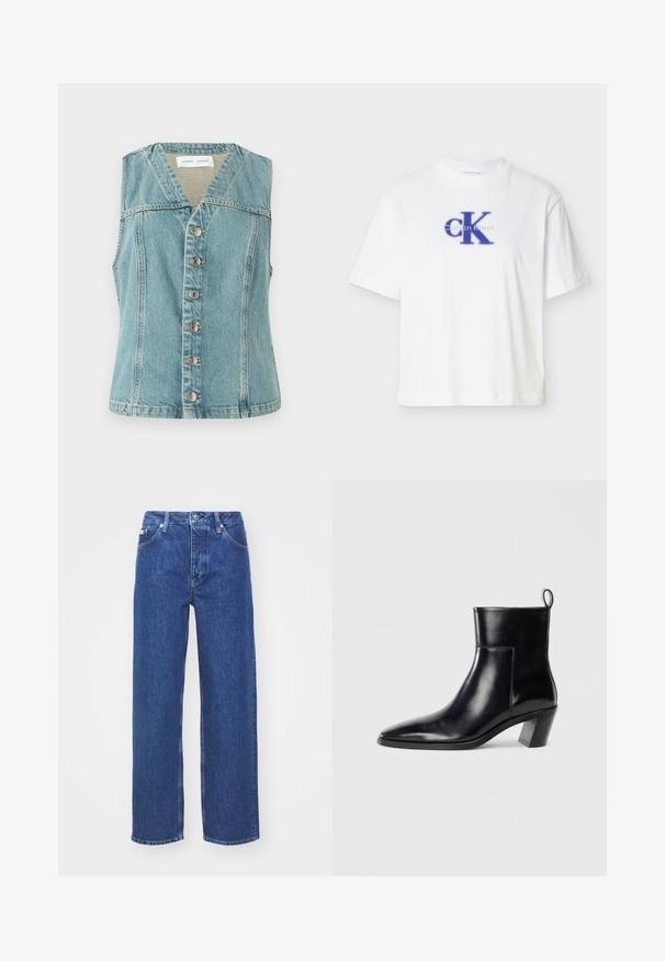 Chaleco de mezclilla azul claro con escote en V, sin mangas, cierre frontal de botones con detalles en plateado y una silueta ajustada.; Camiseta blanca de manga corta hecha de algodón con cuello redondo, que presenta un logo "CK" azul y texto en impresión azul contrastante.; Jeans de mezclilla azul de pierna ancha con una cintura alta, con cierre de cremallera y botón, presillas para el cinturón y un ligero desgaste en la tela.; Botín de piel negra hasta el tobillo con punta afilada, tacón apilado geométrico y una lengüeta en la parte posterior. Textura suave y diseño elegante.