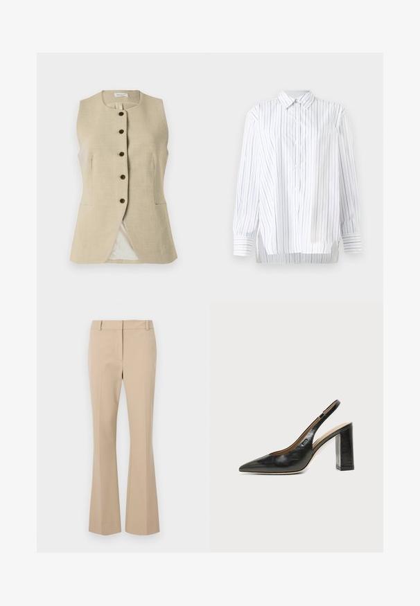 Beige linned vest med en rund halsudskæring, frontknaplukning og to sidelommer; har en glat tekstur og en skræddersyet pasform.; Hvid skjorte med lodrette grå striber, lange ærmer, knaplukning fortil og en klassisk krave. Har sideskår og manchetter på ærmerne.; Beige skræddersyede bukser med lige pasform, der har en glat front, bæltestropper og en jævn tekstur. Ingen synlige lommer eller mønstre.; Sort læder peep-toe slingback sko med høj blokhæl og beige indvendig foring mod en ensfarvet lys baggrund.