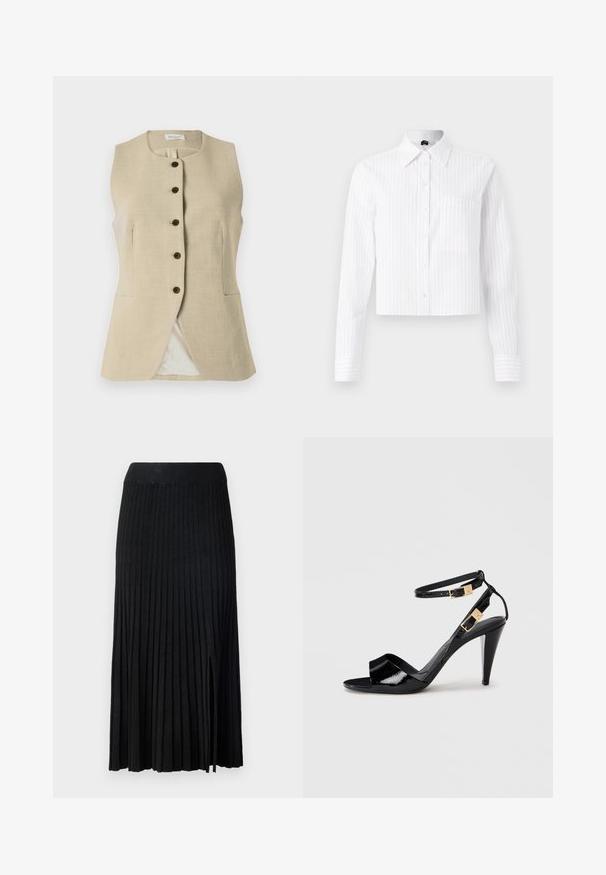 Beige linned vest med en rund halsudskæring, frontknaplukning og to sidelommer; har en glat tekstur og en skræddersyet pasform.; Hvid cropped button-up skjorte med lyseblå vertikale striber, lange ærmer, enkelt brystlomme og klassisk krave. Fabrik i bomuldsblanding.; Sort plisseret midi-nederdel med ribbet talje, der har tekstureret stof, sidelæg og lodrette linjer gennem hele designet.; Sorte patentlæder højhælede sandaler med dobbelte ankelremme og guldspænder, åben tå og slank taperet hæl på neutral baggrund.