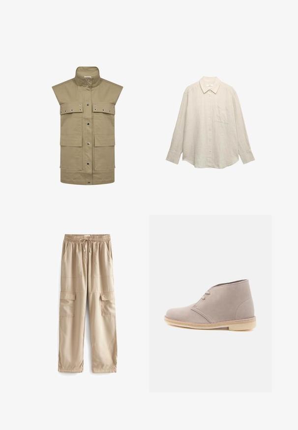 Khaki ærmeløs vest lavet af slidstærkt stof, med store frontlommer, trykknaplukning og metaløje-detaljer.; Lysebeige hørskjorte med lange ærmer, knaplukning foran, spidst krave, enkelt brystlomme og en løs pasform. Subtil struktur er synlig.; Beige cargo bukser lavet af letvægtsstof, med elastisk talje, snor og flere store frontlommer.; Lyse beige ørkenstøvle i ruskind med to snørehuller og crepesål, vist i profil mod en ensfarvet hvid baggrund.
