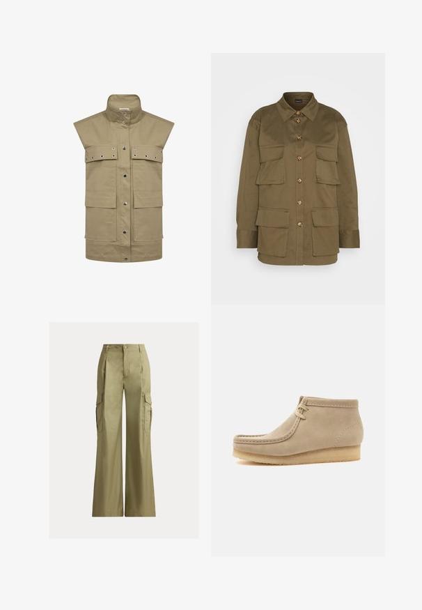 Khaki ærmeløs vest lavet af slidstærkt stof, med store frontlommer, trykknaplukning og metaløje-detaljer.; Gina Tricot CARGO SHIRT - Skjortebluser - khaki green; Khaki vidde cargobukser med høj talje, knap- og lynlås lukning, og klaplommer på hver side.; Beige ruskind-ankelstøvle med crepe sål og mokkasinsting, med to snørehuller og flad hæl.