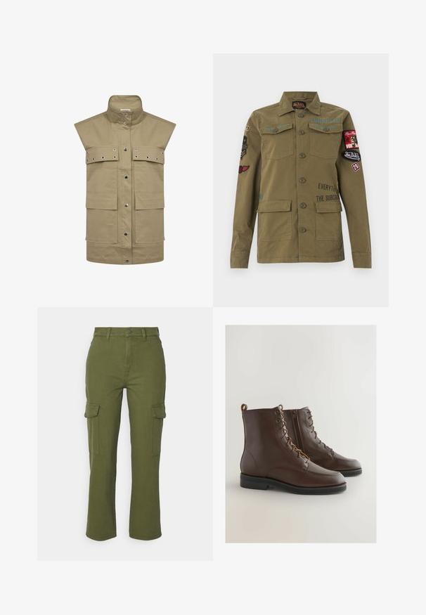 Khaki ærmeløs vest lavet af slidstærkt stof, med store frontlommer, trykknaplukning og metaløje-detaljer.; Olivengrøn militærinspireret jakke med knapper foran, bryst- og nederste lommer samt flere broderede mærker og tekst på ærmer og bryst.; Olivenfarvede cargo bukser med lige ben-design, frontlynlås og to sidelommer. Fremstillet af slidstærkt, tekstureret stof.; Brune læderankelstøvler med en rund tå, snøring og en sidelukning, der har et syet design og en lav sort gummisål.
