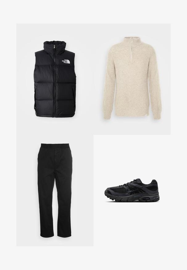 Zwarte pufferjas zonder mouwen met hoge kraag, rits aan de voorkant en het logo van The North Face. Heeft een gewatteerde textuur en zijzakken.; Cleptomanicx RIBBER TROYER - Trui - creme; Zwarte katoenen broeken met een elastische tailleband, rechte pijpen en zijzakken. Zachte textuur zonder patronen of accenten.; Zwarte en donkergrijze Nike hardloopschoen met meshstof, suède overlays, een gedempte zool en zichtbare luchtunits in de hiel en voorvoet.