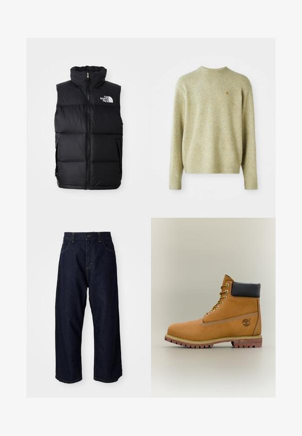 Sort puffer vest med høj krave, frontlynlås og The North Face-logo. Har en quiltet tekstur og sidelommer.; Lysegrøn strikket sweater med rund halsudskæring, ribbede manchetter og kant. Har et lille guldlogo på venstre bryst. Blød tekstur.; Mørkeblå denimbukser med en afslappet pasform, der har en knapclosure, bæltestropper og gule syninger på lommer og sømme.; Brun læderankelstøvle med sort krave, gule snørebånd og tanfarvet sål. Har logo og hvide syninger som detalje. Robust ydersål med greb.