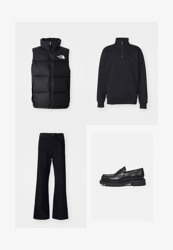 Must värvitud puhvvest kõrge kraega, esilukuga ja The North Face'i logoga. Omab tikitud tekstuuri ja küljetaskuid.; Must mustani fliisist kveidis, millel on kõrge krae, soonilised varrukad, känguru tasku ja väike kuldne logo aksent varrukal.; Mustad mustad flared püksid traditsioonilise vöökoha, ühe esiknappi ja taskutega külgedel ja taga. Sile tekstuur.; Must nahast loafer paksu soonilise tallaga ja mündirihma detailiga, näidatud parempoolse profiilina valgel taustal.