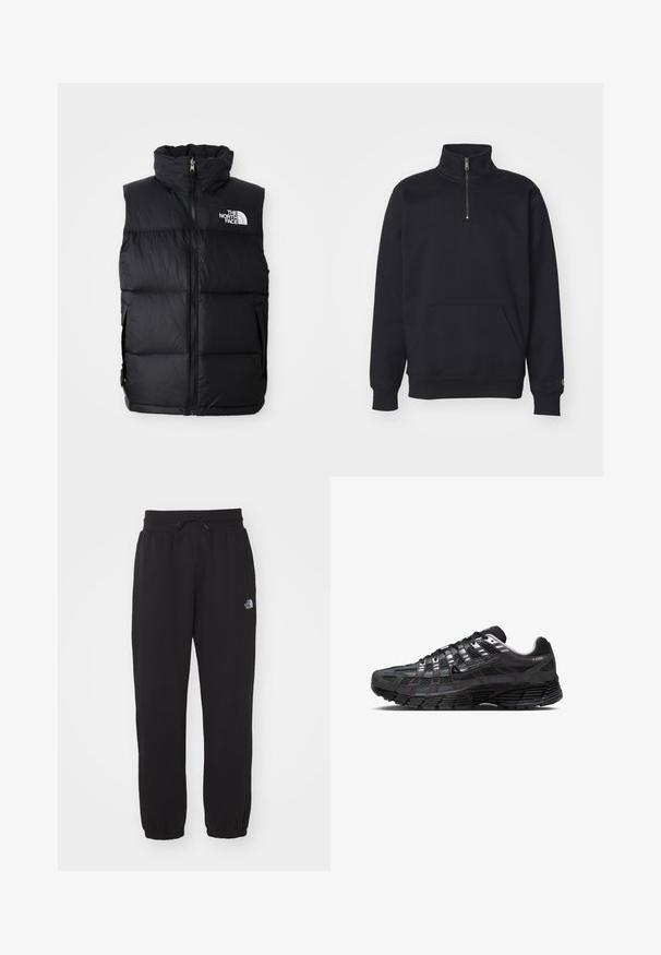 Must värvitud puhvvest kõrge kraega, esilukuga ja The North Face'i logoga. Omab tikitud tekstuuri ja küljetaskuid.; Must mustani fliisist kveidis, millel on kõrge krae, soonilised varrukad, känguru tasku ja väike kuldne logo aksent varrukal.; Mustad mustad, mis on valmistatud pehmest kangast, elastse vöökoha ja kinnitustrossiga, puhv-, pahkluuotsad ja väike logo ülemisel reitel.; Mustad jooksujalatsid võrgust ja sünteetilisest pealiskihist, mis on tekstuurse tallaga, silmapaistva musta Nike logoga ja tugevdatud varbaga.