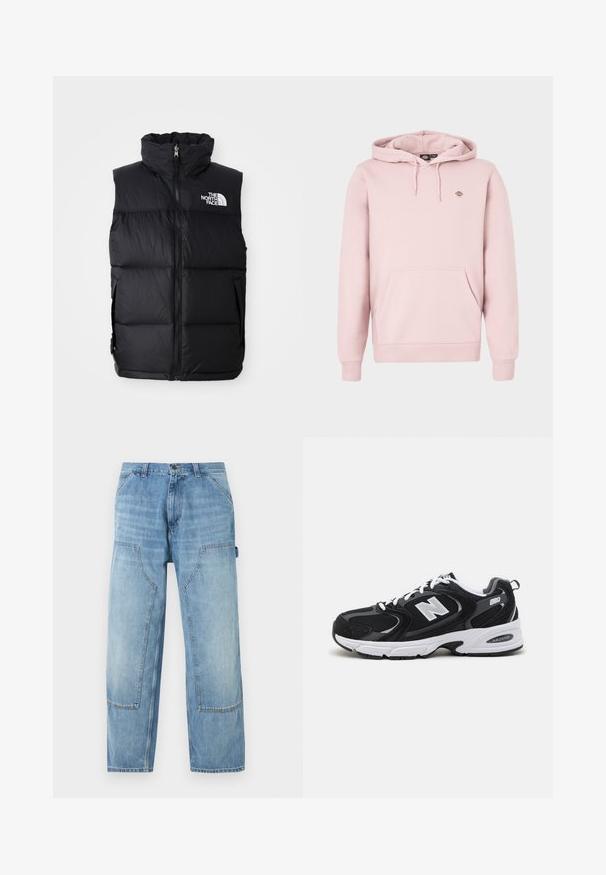 Schwarze Steppweste mit hohem Kragen, Frontreißverschluss und The North Face-Logo. Verfügt über eine gesteppte Textur und seitliche Taschen.; Hellrosa Hoodie mit Fronttasche, verstellbarer Kapuze mit Kordelzug und einem kleinen Logo auf der Brust. Hergestellt aus weichem Stoff mit gerippten Bündchen.; Hellblaue Jeans-Zimmermannshose mit großen aufgesetzten Taschen vorne und einer Hammerschlaufe auf der rechten Seite, gerade geschnittener Beinverlauf.; Schwarze und graue Sportschuhe mit Obermaterial aus Mesh und Wildleder, ausgestattet mit einer weißen Zwischensohle, Schnürsenkeln und einem markanten "N"-Logo an der Seite.