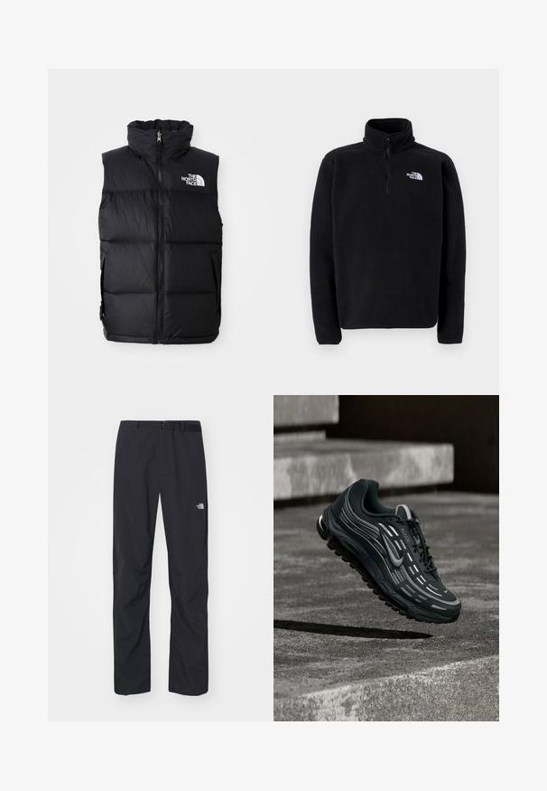 Chaleco acolchado negro con cuello alto, cremallera frontal y el logo de The North Face. Presenta una textura acolchada y bolsillos laterales.; The North Face SHISPARE ZIP - Suéter de forro polar - black; The North Face ABUKUMA PANT - Pantalones - black; Zapatilla Nike Air Max negra y gris flotando sobre escalones de hormigón gris con fondo de suelo texturizado.