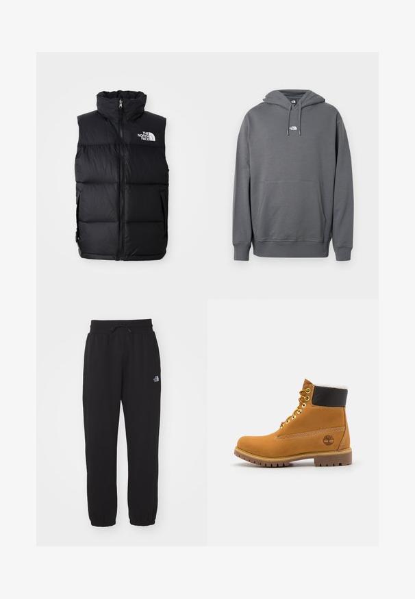 Sort puffer vest med høj krave, frontlynlås og The North Face-logo. Har en quiltet tekstur og sidelommer.; Grå hættetrøje lavet af blødt stof, med kængurulomme, snøre i hætten, ribbekanter ved ærmerne og en lille logo på brystet.; Sorte sweatpants lavet af blødt stof, med en elastisk talje med snor, manchetter ved anklerne og et lille logo på det øverste lår.; Brune læder ankelstøvle med metaløjer, hvid pelsforing, sort polstret krave, robust sål og præget logo på siden.