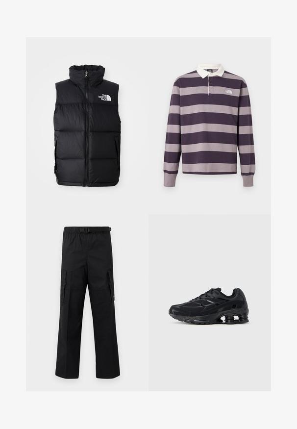Schwarze Steppweste mit hohem Kragen, Frontreißverschluss und The North Face-Logo. Verfügt über eine gesteppte Textur und seitliche Taschen.; Langärmeliges Rugby-Shirt mit breiten, horizontalen dunkelvioletten und grauen Streifen, weißem Kragen und The North Face Logo auf der Brust.; Schwarze Cargo-Hosen mit weitem Schnitt, verstellbarem Bund mit Schnalle und zwei Seitentaschen zur Aufbewahrung. Leichtes Material.; Schwarzer Sportschuh mit Obermaterial aus Mesh, gepolstertem Kragen und hervorgehobener Dämpfungstechnologie an der Ferse. Verfügt über strukturierte Akzente und Schnürsenkel.