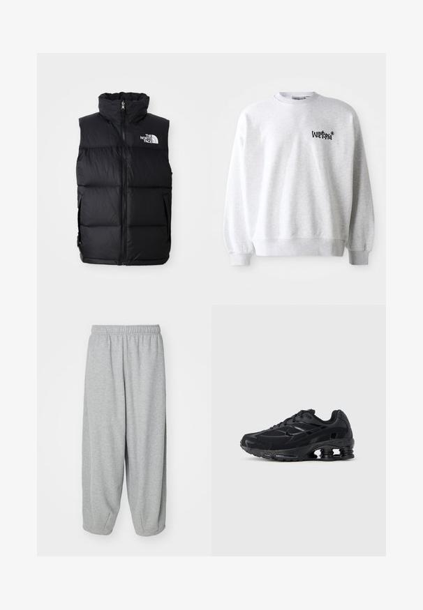 Sort puffer vest med høj krave, frontlynlås og The North Face-logo. Har en quiltet tekstur og sidelommer.; Lys grå sweatshirt med rund halsudskæring, ribbede manchetter og kant. Har sort "Wittopia" logo på venstre brystområde. Blød tekstur.; Lys grå, løstsiddende sweatpants lavet af blød stof. Elastisk talje og manchetter ved anklerne. Enkel og udekoreret design.; Sort atletiksko med mesh-overdel, polstret krave og markant støddæmpningsteknologi ved hælen. Har teksturerede detaljer og snørebånd.
