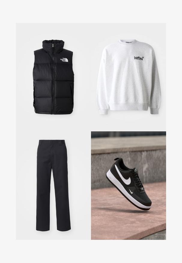 Schwarze Steppweste mit hohem Kragen, Frontreißverschluss und The North Face-Logo. Verfügt über eine gesteppte Textur und seitliche Taschen.; Hellgrauer Sweatshirt mit Rundhalsausschnitt, gerippten Bündchen und Saum. Verfügt über ein schwarzes "Wittopia"-Logo auf der linken Brustseite. Weiche Textur.; Schwarze gerade geschnittene Hose aus einem Baumwollmischgewebe. Verfügt über einen flachen Bund mit Gürtelschlaufen und keinerlei sichtbare Hardware oder Verzierungen.; Schwarz-weißer Nike Air Force 1 Sneaker, der über einer rosa Betonfläche mit grauem Stein-Hintergrund schwebt.