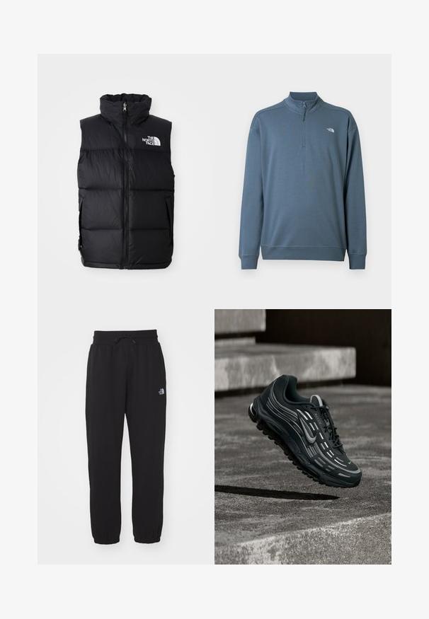 Zwarte pufferjas zonder mouwen met hoge kraag, rits aan de voorkant en het logo van The North Face. Heeft een gewatteerde textuur en zijzakken.; Blauwe trui met lange mouwen en een kwart ritssluiting, opstaande kraag en klein wit The North Face-logo op de linkerborst.; Zwarte sweatpants van zachte stof, met een elastische tailleband en trekkoord, smalle boorden bij de enkels en een klein logo op de bovenkant van de bovenbeen.; Zwarte en grijze Nike Air Max sneaker zwevend boven grijze betonnen trappen met een gestructureerde achtergrond van de grond.