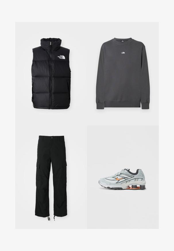 Schwarze Steppweste mit hohem Kragen, Frontreißverschluss und The North Face-Logo. Verfügt über eine gesteppte Textur und seitliche Taschen.; Grauer Sweatshirt aus Baumwollmischgewebe mit Rundhalsausschnitt, langen Ärmeln, gerippten Bündchen und kleinem weißen Logo auf der Brust.; Schwarze Cargo-Hosen aus strapazierfähigem Material, mit zwei Seitentaschen, einem Knopfverschluss und verstellbaren Säumen für eine lockere, relaxten Passform.; Hellgrauer Laufschuh mit schwarzen Akzenten, orangefarbenem Logo, Mesh-Obermaterial, gepolstertem Schaft und Gummisohle mit sichtbaren stoßdämpfenden Einheiten.