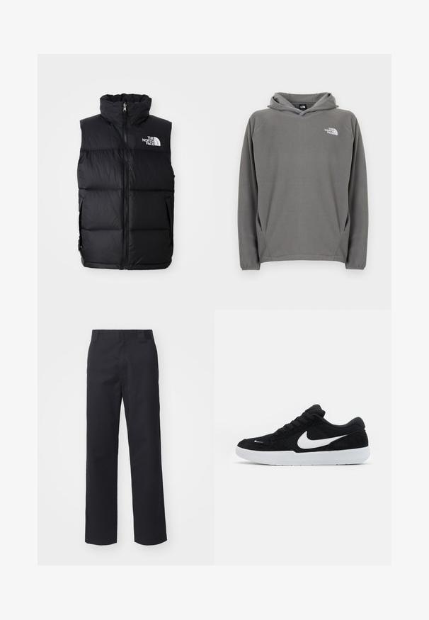 Čierny páperový vest s vysokým golierom, predným zipsom a logom The North Face. Obsahuje prešívanú textúru a bočné vrecká.; Sivá flísová mikina s kapucňou, predným vreckom, nastaviteľnou šnúrkou na kapucni a malým bielym logom na ľavej strane hrudníka.; Čierne nohavice s rovnými nohavicami vyrobené z kombinácie bavlny. Majú plochý pás s pútkami na opasok a žiadne viditeľné kovania ani ozdoby.; Čierne semišové tenisky s bielymi akcentmi, so zaoblenou špičkou, hrubou bielou podrážkou a čiernymi šnúrkami. Výrazné biele logo Nike na boku.