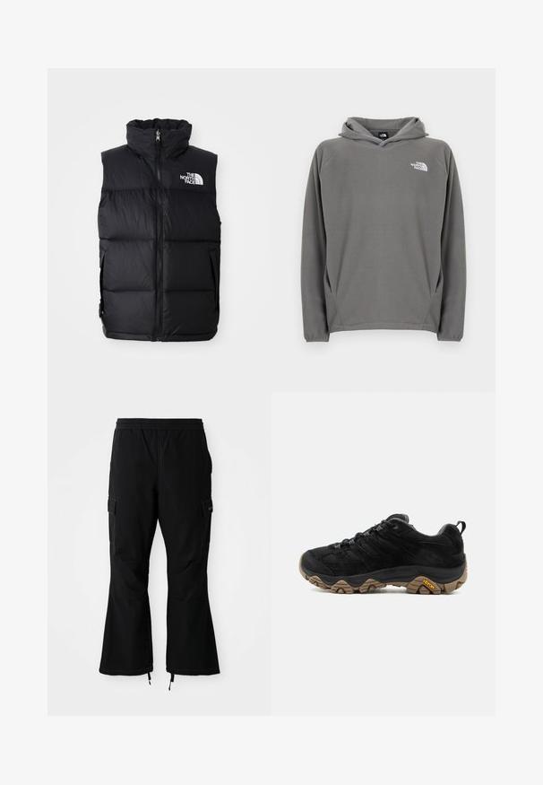 Schwarze Steppweste mit hohem Kragen, Frontreißverschluss und The North Face-Logo. Verfügt über eine gesteppte Textur und seitliche Taschen.; Grauer Fleece-Kapuzenpullover mit Fronttasche, verstellbarem Kordelzug an der Kapuze und kleinem weißem Logo auf der linken Brustseite.; Schwarze Cargo-Hosen mit elastischem Bund, ausgestattet mit Seitentaschen und ausladenden Beinen mit Reißverschlüssen an den Beinabschlüssen, vor einem weißen Hintergrund präsentiert.; Schwarzer Wanderschuh mit robuster brauner Vibram-Sohle, Mesh- und Wildleder-Obermaterial, Schnürdesign und hinterer Zuglasche, von der Außenseite gezeigt.
