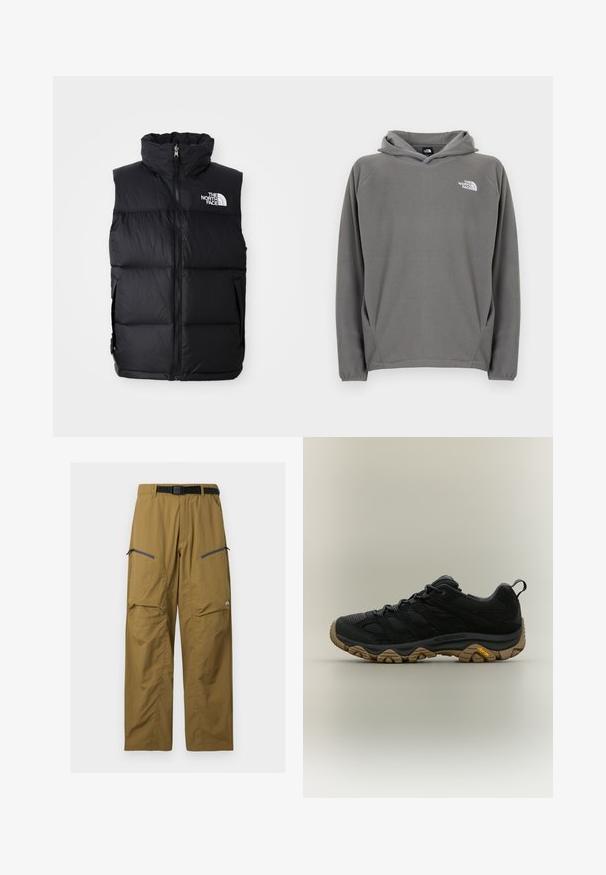 Čierny páperový vest s vysokým golierom, predným zipsom a logom The North Face. Obsahuje prešívanú textúru a bočné vrecká.; Sivá flísová mikina s kapucňou, predným vreckom, nastaviteľnou šnúrkou na kapucni a malým bielym logom na ľavej strane hrudníka.; Kaki outdoorové nohavice s čiernym nastaviteľným opaskom, dvoma vreckami na stehno so zipsom a švami na kolenách, zobrazené na jednoduchom pozadí.; Čierna turistická obuv s hnedou textúrovanou podrážkou Vibram a ťahákom na päte, zobrazená v bočnom profile na neutrálom pozadí.