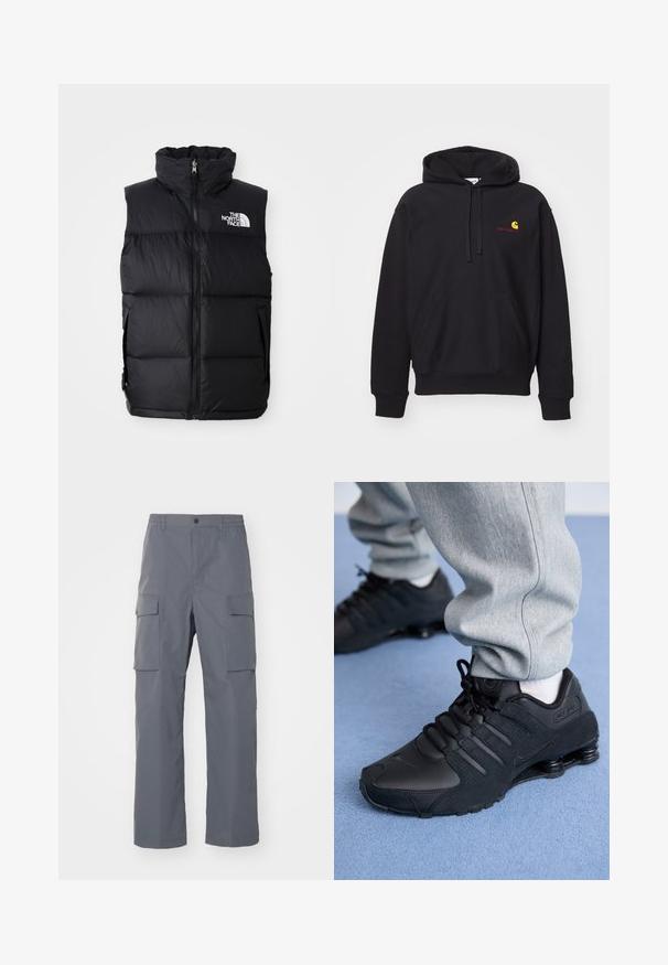 Chaleco acolchado negro con cuello alto, cremallera frontal y el logo de The North Face. Presenta una textura acolchada y bolsillos laterales.; Sudadera negra de tejido de algodón con bolsillo frontal, capucha con cordón y logo bordado en rojo con un arco amarillo.; Pantalones cargo grises hechos de una tela duradera. Las características incluyen una cinturilla elástica, dos grandes bolsillos laterales y un corte recto.; Persona vestida con zapatillas Nike Shox negras y pantalones de chándal grises, de pie sobre una alfombra azul claro.