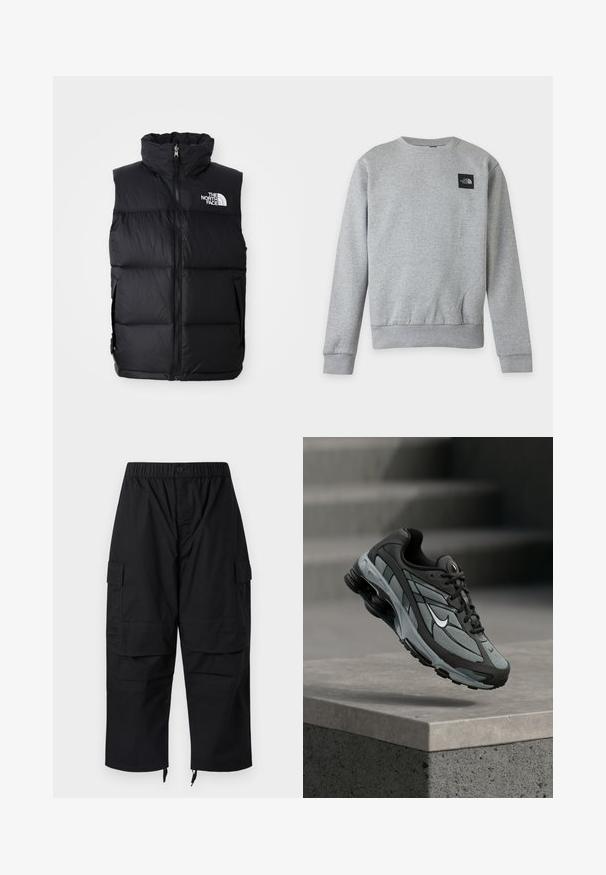 Čierny páperový vest s vysokým golierom, predným zipsom a logom The North Face. Obsahuje prešívanú textúru a bočné vrecká.; Jednofarebná svetlosivá mikina s okrúhlym výstrihom, dlhými rukávmi a malou čiernou nášivkou s logom The North Face na ľavej hornej strane hrude.; Čierne cargo nohavice s elastickým pásom, viacerými vreckami a zipsami na členkoch, s voľným a pohodlným strihom.; Šedá a čierna športová teniska s panelmi z sieťoviny a hrubou podrážkou, umiestnená vo vzduchu nad betónovým obrubníkom a schodmi v pozadí.