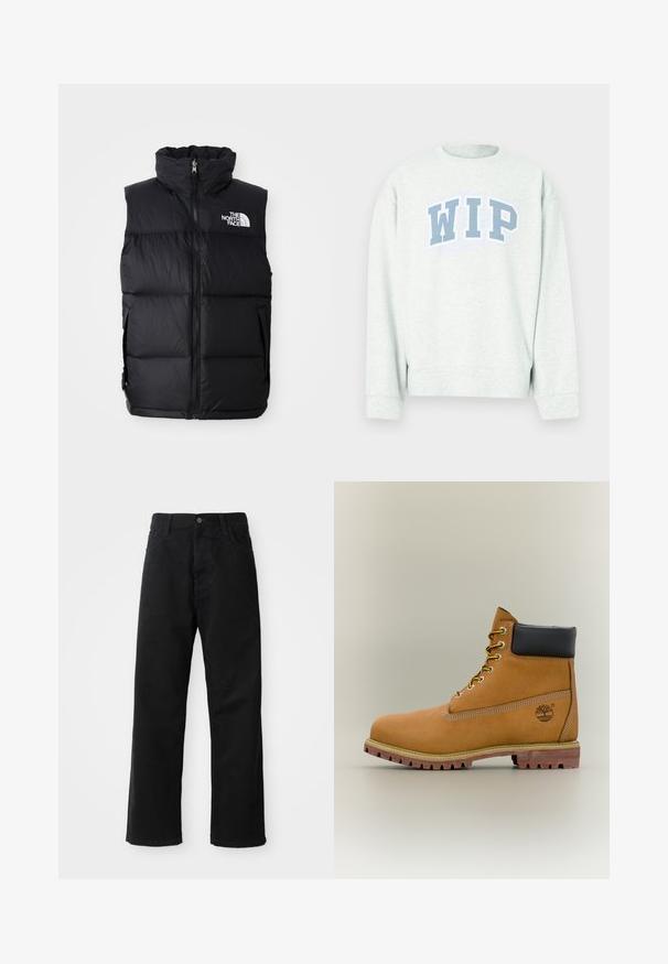 Must värvitud puhvvest kõrge kraega, esilukuga ja The North Face'i logoga. Omab tikitud tekstuuri ja küljetaskuid.; Helehall hall pikkade varrukatega pusa ümara kaelusega, millel on sinine "WIP" trükitud logo kaarekujuliselt rinnal.; Mustadest denimist püksid sirge lõikega, mis sisaldavad ees taskuid, lukufliisi ja ühte ülemist nööpi. Tekstureeritud kangas mati viimistlusega.; Pruun nahast pahkluu saabas musta kraega, kollaste paelte ja beežide tallaga. Omab logo ja valge õmbluse detaile. Tugeva haardega välistald.