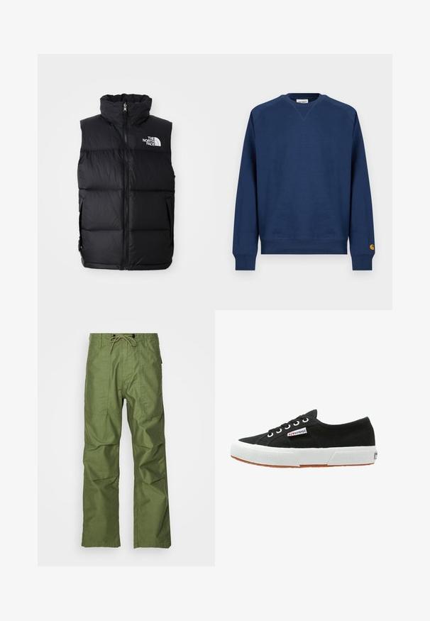 Schwarze Steppweste mit hohem Kragen, Frontreißverschluss und The North Face-Logo. Verfügt über eine gesteppte Textur und seitliche Taschen.; Marineblauer Pullover mit Rundhalsausschnitt, gerippten Bündchen und Saum. Mit einem kleinen Logoaufnäher am linken Ärmel. Aus weichem Stoff gefertigt.; Olivgrüne Cargo-Hosen aus leichtem Stoff. Merkmale sind ein Kordelzugbund, zwei frontale Taschen und eine lockere Passform.; Schwarze Leinenschuhe mit weißer Gummisohle und brauner Gummilaufsohle. Merkmale sind eine runde Zehenform, Schnürdesign und ein kleines Logoetikett an der Seite.