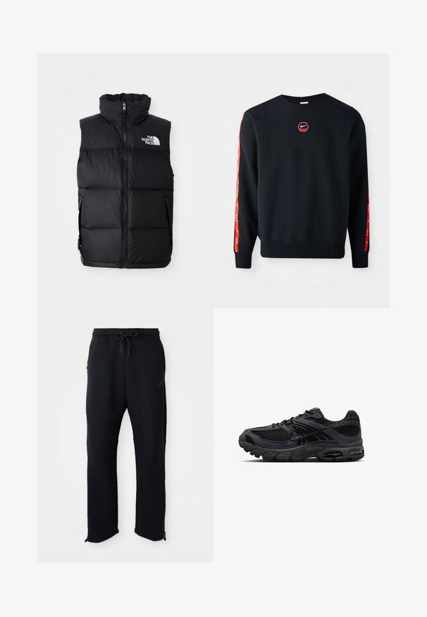 Schwarze Steppweste mit hohem Kragen, Frontreißverschluss und The North Face-Logo. Verfügt über eine gesteppte Textur und seitliche Taschen.; Marineblauer Sweatshirt mit einem hexagonalen roten Nike-Logo auf der Brust. Besondere Merkmale sind rote Akzente an den Ärmeln und ein strukturiertes, weiches Material.; Schwarze Sporthose mit elastischem Bund und Kordelzug, seitlichen Taschen, schmal zulaufenden Beinen und Reißverschlüssen an den Knöcheln. Glatte Textur.; Schwarzer und dunkelgrauer Nike Laufschuh mit Mesh-Gewebe, Wildleder-Overlays, gepolsterter Sohle und sichtbaren Lufteinheiten in Ferse und Vorfuß.