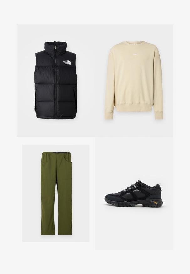 Schwarze Steppweste mit hohem Kragen, Frontreißverschluss und The North Face-Logo. Verfügt über eine gesteppte Textur und seitliche Taschen.; Beige Sweatshirt mit langen Ärmeln, gerippten Bündchen und rundem Ausschnitt. Mit kleinem weißem Logo auf der Brust. Weiche Textur.; Olivgrüne gerade geschnittene Hose mit elastischem Bund und schwarzem verstellbarem Schnallen-Gürtel, Vorder- und Seitentaschen, Details in der vorderen Naht.; Schwarzer Outdoor-Schuh aus Wildleder und Mesh mit robuster Sohle. Verfügt über graue Akzente und Vibram-Branding an der Seite. Schnürdesign.