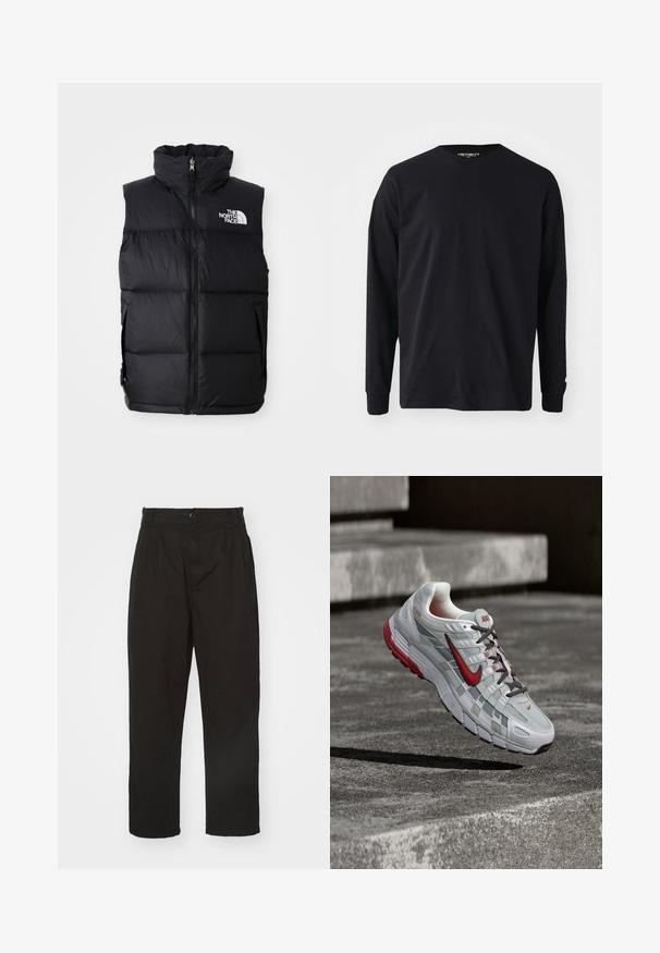 Schwarze Steppweste mit hohem Kragen, Frontreißverschluss und The North Face-Logo. Verfügt über eine gesteppte Textur und seitliche Taschen.; Schwarzes Langarm-T-Shirt aus Baumwolle mit rundem Halsausschnitt und geradem Schnitt, mit einem kleinen Logodetail am Ärmel.; Schwarze Hose aus glattem Stoff, mit Knopfverschluss, geradem Schnitt und zwei vorderen Falten für zusätzlichen Detail.; Weißer und grauer Nike-Laufschuh mit roten Akzenten und schwarzen Schnürsenkeln, schwebend über grauen Betonstufen.
