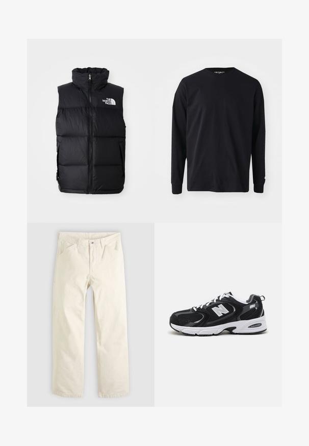 Must värvitud puhvvest kõrge kraega, esilukuga ja The North Face'i logoga. Omab tikitud tekstuuri ja küljetaskuid.; Must musta varrukatega T-särk, mis on valmistatud puuvillast, ümmarguse kaelusega ja sirge lõikega, väikese logodetailiga varrukal.; Helebeežid puuvillased püksid, lõdva istumisega, sirgete sääreosade ja esitaskutega. Omavad nööbiga sulgemist ning lihtsat, puhast disaini.; Must värvi ja hallid spordijalatsid, mille ülemine osa on valmistatud võrgust ja nahast, valge vaheosaga, paeltega ja küljel julge "N" logo.