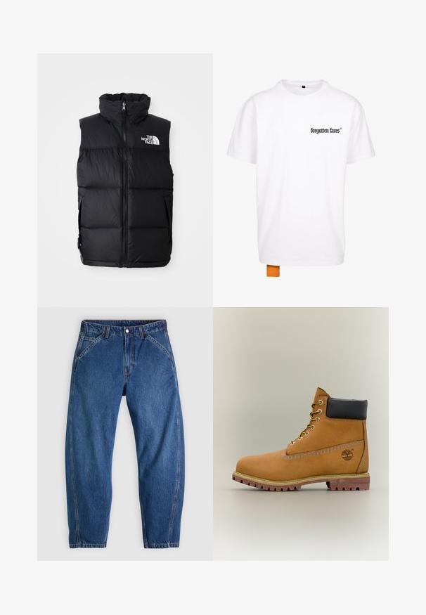 Schwarze Steppweste mit hohem Kragen, Frontreißverschluss und The North Face-Logo. Verfügt über eine gesteppte Textur und seitliche Taschen.; Weißes Baumwoll-T-Shirt mit schwarzem Logo auf der linken Brust und einem orangefarbenen Etikett am unteren Rand. Kurze Ärmel und klassischer Rundhalsausschnitt.; Blaue Denim-Jeans mit lockerer Passform, ausgestattet mit Knopfverschluss, fünf Taschen und kontrastierenden orangefarbenen Nähten. Durchgehend glatte Textur.; Brauner Leder-Stiefelette mit schwarzem Kragen, gelben Schnürsenkeln und hellbrauner Sohle. Verfügt über ein Logo und weiße Ziernähe. Robuste Profilsohle.