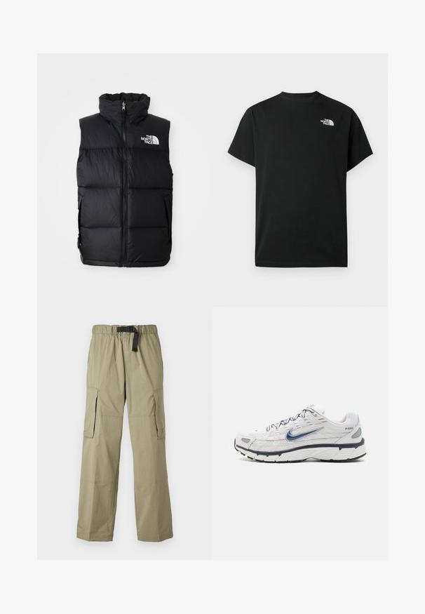 Sort puffer vest med høj krave, frontlynlås og The North Face-logo. Har en quiltet tekstur og sidelommer.; Sort t-shirt med korte ærmer lavet af bomuld. Har en hvid logo på venstre bryst. Enkelt snit med rund halsudskæring og minimalt design.; Lyse olivengrønne cargo bukser med elastisk talje og bælte, der har to sidelommer og en glat tekstur, designet til komfort og funktionalitet.; Nike Sportswear P 6000 - Sneakers - phantom/obsidian/summit white/white/black/metallic silver