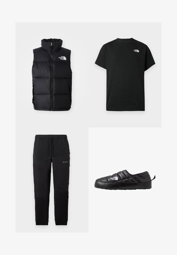 Schwarze Steppweste mit hohem Kragen, Frontreißverschluss und The North Face-Logo. Verfügt über eine gesteppte Textur und seitliche Taschen.; Schwarzes kurzärmliges T-Shirt aus Baumwolle. Mit einem weißen Logo auf der linken Brust. Einfacher Schnitt mit rundem Ausschnitt und minimalen Designdetails.; Schwarze Jogginghose der Marke Columbia mit Tunnelzug am Bund, seitlichen Reißverschlusstaschen und Kniepaneel-Details, dargestellt vor einem weißen Hintergrund.; Schwarzer Slipper mit gestepptem Design, aus gepolstertem Material gefertigt. Verfügt über eine strukturierten Gummisohle und eine kleine Lasche hinten.
