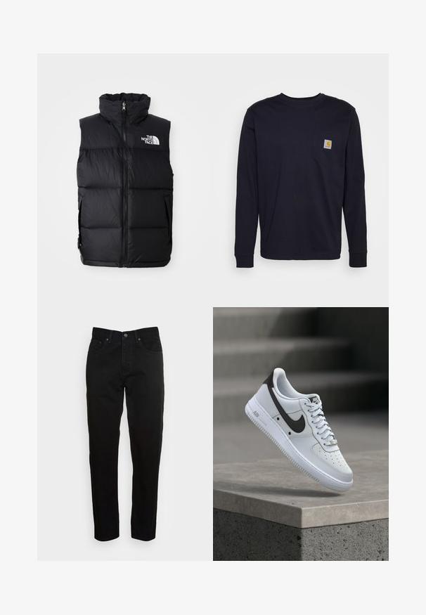 Schwarze Steppweste mit hohem Kragen, Frontreißverschluss und The North Face-Logo. Verfügt über eine gesteppte Textur und seitliche Taschen.; Langärmliges T-Shirt in Marineblau aus Baumwolle mit einer Brusttasche und einem Logo-Patch. Gerader Saum und gerippte Bündchen.; Schwarze Slim-Fit-Jeans mit vorderem Knopfverschluss und fünf Taschen-Design, vor einem schlichten hellgrauen Hintergrund präsentiert.; Weißer Nike Air Force 1 Sneaker mit schwarzem Swoosh-Logo, der über einer Betonvorsprung mit unscharfen Treppen im Hintergrund schwebt.