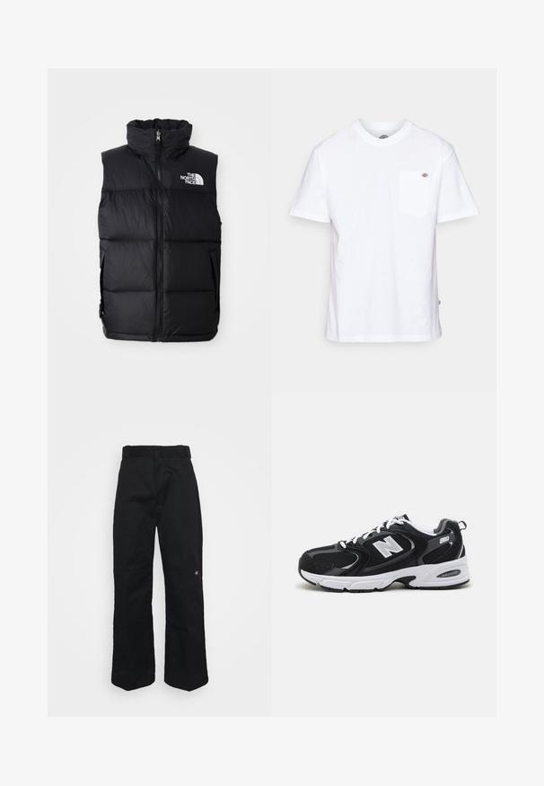 Čierny páperový vest s vysokým golierom, predným zipsom a logom The North Face. Obsahuje prešívanú textúru a bočné vrecká.; Biely bavlnený tričko s okrúhlym výstrihom, krátkymi rukávmi a vreckom na hrudi s malým logom značky na ľavej strane.; Čierne nohavice z odolnej látky, s rovnými nohavicami, opaskovými závesmi a malým logom na dolnej strane.; Čierne a šedé športové topánky s hornou časťou z mikrovlákna a zamatu, s bielou medzipodrážkou, šnúrkami a výrazným logom "N" na boku.