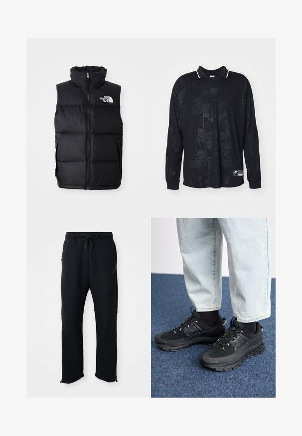 Sort puffer vest med høj krave, frontlynlås og The North Face-logo. Har en quiltet tekstur og sidelommer.; Langærmet sort polo t-shirt med et tekstureret mønster, kontrastfarvet hvid krave og Nike-logo på nederste venstre side.; Sorte træningsbukser med elastisk linning og snoretræk, har sidelommer, smalle ben og lynlåse ved anklerne. Glat tekstur.; Sorte træningssko med tekstureret stof og gummisåler, udstyret med elastiske snørebånd og en blå detalje på hælen. Bæres med lyse denimbukser.