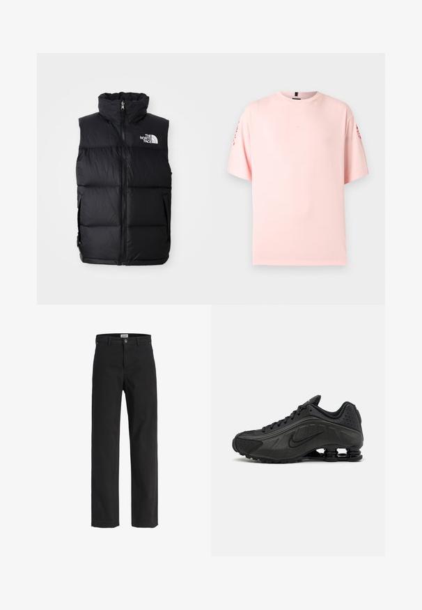 Čierny páperový vest s vysokým golierom, predným zipsom a logom The North Face. Obsahuje prešívanú textúru a bočné vrecká.; Svetloružové oversized tričko s krátkymi rukávmi a červeným nápisom na oboch rukávoch, hladký predok a okrúhly výstrih.; Čierne nohavice s priamym strihom, s pútkami na opasok, predným gombíkom, zipsovým zapínaním a prednými i zadnými vreckami.; Čierne bežecké topánky s hladkým syntetickým zvrškom, perforovanými akcentmi, textúrovanými bočnými panelmi a výraznou pružnou podrážkou.