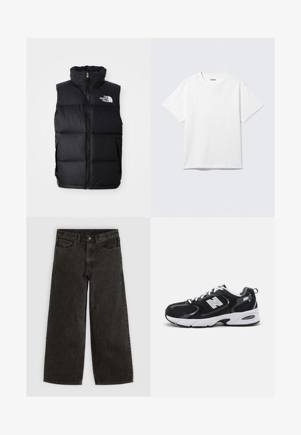 Schwarze Steppweste mit hohem Kragen, Frontreißverschluss und The North Face-Logo. Verfügt über eine gesteppte Textur und seitliche Taschen.; Weißes T-Shirt mit kurzen Ärmeln und Rundhalsausschnitt, flach liegend, schlichtes Design, mit „WEEKDAY“-Etikett innen im Kragen auf hellem Hintergrund.; Schwarze Jeans mit weitem Bein, Vorderknopf und Reißverschluss, Gürtelschlaufen und fünf Taschen, flach auf weißem Hintergrund ausgelegt.; Schwarze und graue Sportschuhe mit Obermaterial aus Mesh und Wildleder, ausgestattet mit einer weißen Zwischensohle, Schnürsenkeln und einem markanten "N"-Logo an der Seite.