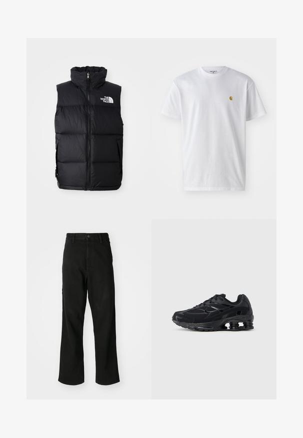 Schwarze Steppweste mit hohem Kragen, Frontreißverschluss und The North Face-Logo. Verfügt über eine gesteppte Textur und seitliche Taschen.; Weißes Baumwoll-T-Shirt mit kurzen Ärmeln, Rundhalsausschnitt, mit einem kleinen goldenen Logo im linken Brustbereich. Weicher Stoff und normale Passform.; Schwarze gerade Jeans mit Knopfverschluss, Gürtelschlaufen und Fronttaschen auf einem schlichten weißen Hintergrund.; Schwarzer Sportschuh mit Obermaterial aus Mesh, gepolstertem Kragen und hervorgehobener Dämpfungstechnologie an der Ferse. Verfügt über strukturierte Akzente und Schnürsenkel.