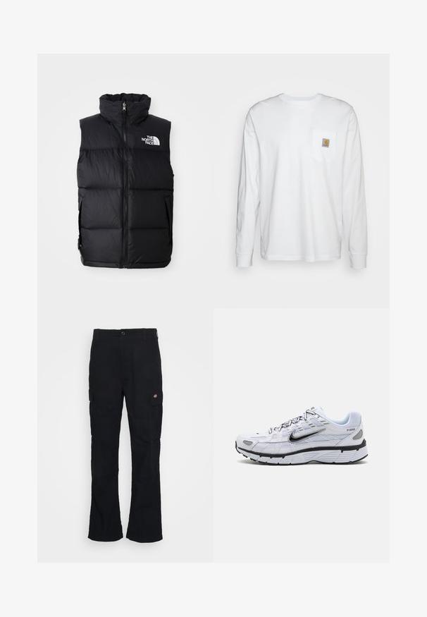 Schwarze Steppweste mit hohem Kragen, Frontreißverschluss und The North Face-Logo. Verfügt über eine gesteppte Textur und seitliche Taschen.; Langärmliges, weißes Hemd aus Baumwolle mit einer Brusttasche und einem quadratischen Logopatch. Einfaches Design mit rundem Ausschnitt und gefütterten Ärmeln.; Schwarze Cargo-Hose mit geradem Bein, aus strapazierfähigem Stoff gefertigt, mit Seitentaschen und einem aufgenähten Logo auf der linken Seite.; Weißer Laufschuh mit Obermaterial aus Mesh, abgerundetem Zeh, schwarzen Akzenten und gemusterter Sohle. Verfügt über Schnürung und Branding an der Seite.