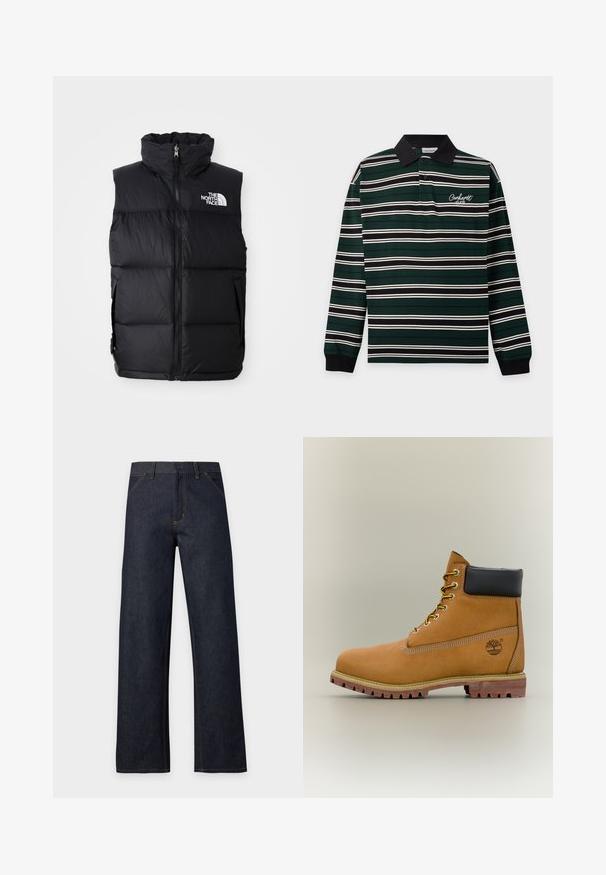 Chaleco acolchado negro con cuello alto, cremallera frontal y el logo de The North Face. Presenta una textura acolchada y bolsillos laterales.; Polo de manga larga con cuello y puños negros, base verde oscuro, rayas horizontales blancas y negras y logo de Carhartt en el pecho.; Vaqueros de mezclilla azul oscuro con pierna ancha, costuras amarillas, cierre delantero con botones, trabillas para cinturón y bolsillos delanteros, mostrados sobre un fondo liso.; Bota de tobillo de cuero marrón con cuello negro, cordones amarillos y suela beige. Presenta un logotipo y detalles de costura blanca. Suela exterior con tracción robusta.