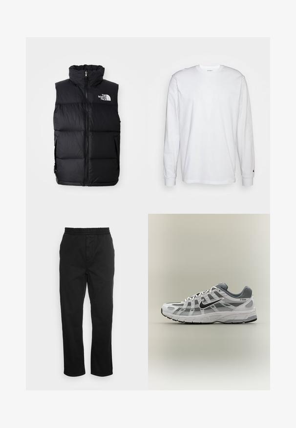 Čierny páperový vest s vysokým golierom, predným zipsom a logom The North Face. Obsahuje prešívanú textúru a bočné vrecká.; Biela dlhá bavlnená tričko s dlhým rukávom. Dizajn s okrúhlym výstrihom a rebrovanými manžetami, malá nášivka na ľavom rukáve. Hladká textura.; Čierne bavlnené nohavice s elastickým pásom, rovnými nohavicami a bočnými vreckami. Hladká textúra bez vzorov alebo akcentov.; Biela a sivá teniska Nike P-6000 s čiernym logom, sieťovinovými panelmi a štruktúrovanou podrážkou, zobrazená v bočnom profile na neutrálnom pozadí.