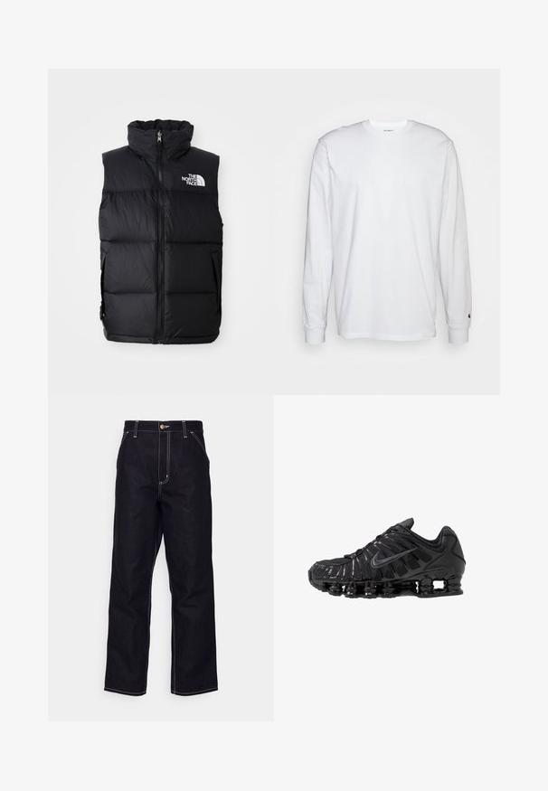 Sort puffer vest med høj krave, frontlynlås og The North Face-logo. Har en quiltet tekstur og sidelommer.; Hvid langærmet T-shirt lavet af bomuld. Rund halsudskæring med ribbede manchetter og et lille logo på venstre ærme. Glat tekstur.; Sorte denimbukser med lige ben, kontrasterende hvide syninger, knaplukning og to frontlommer.; Sorte atletikskoser lavet af mesh og syntetiske materialer, med et karakteristisk bølget design, sort gummisål og reflekterende detaljer.
