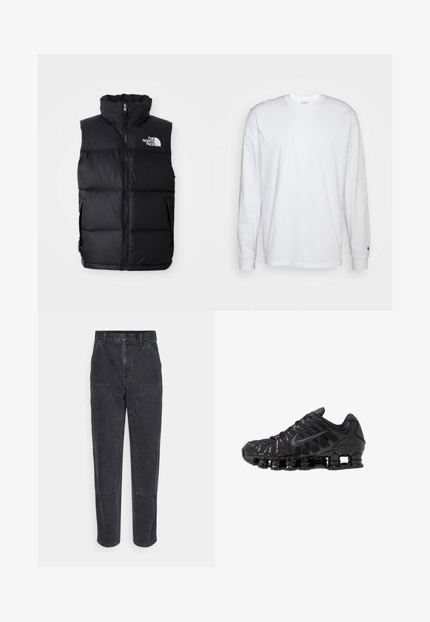 Chaleco acolchado negro con cuello alto, cremallera frontal y el logo de The North Face. Presenta una textura acolchada y bolsillos laterales.; Camiseta blanca de manga larga hecha de algodón. Diseño de cuello redondo con puños acanalados y un pequeño logo en la manga izquierda. Textura suave.; Jeans de mezclilla negra con cintura alta, corte recto y grandes bolsillos frontales. Presentan costuras en contraste y sin logotipos visibles.; Zapatillas deportivas negras fabricadas con malla y materiales sintéticos, con un diseño ondulado distintivo, suela de goma negra y detalles reflectantes.
